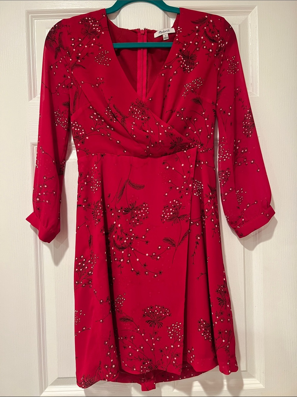 Madewell Red Floral Wrap V-Neck Long Sleeve Dress